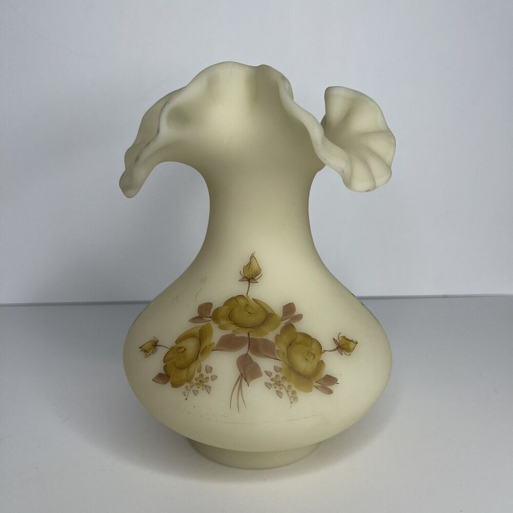 Fenton Cameo Glass Vase Handpainted Crimped Ruffled Signed Paula Y. Palmer